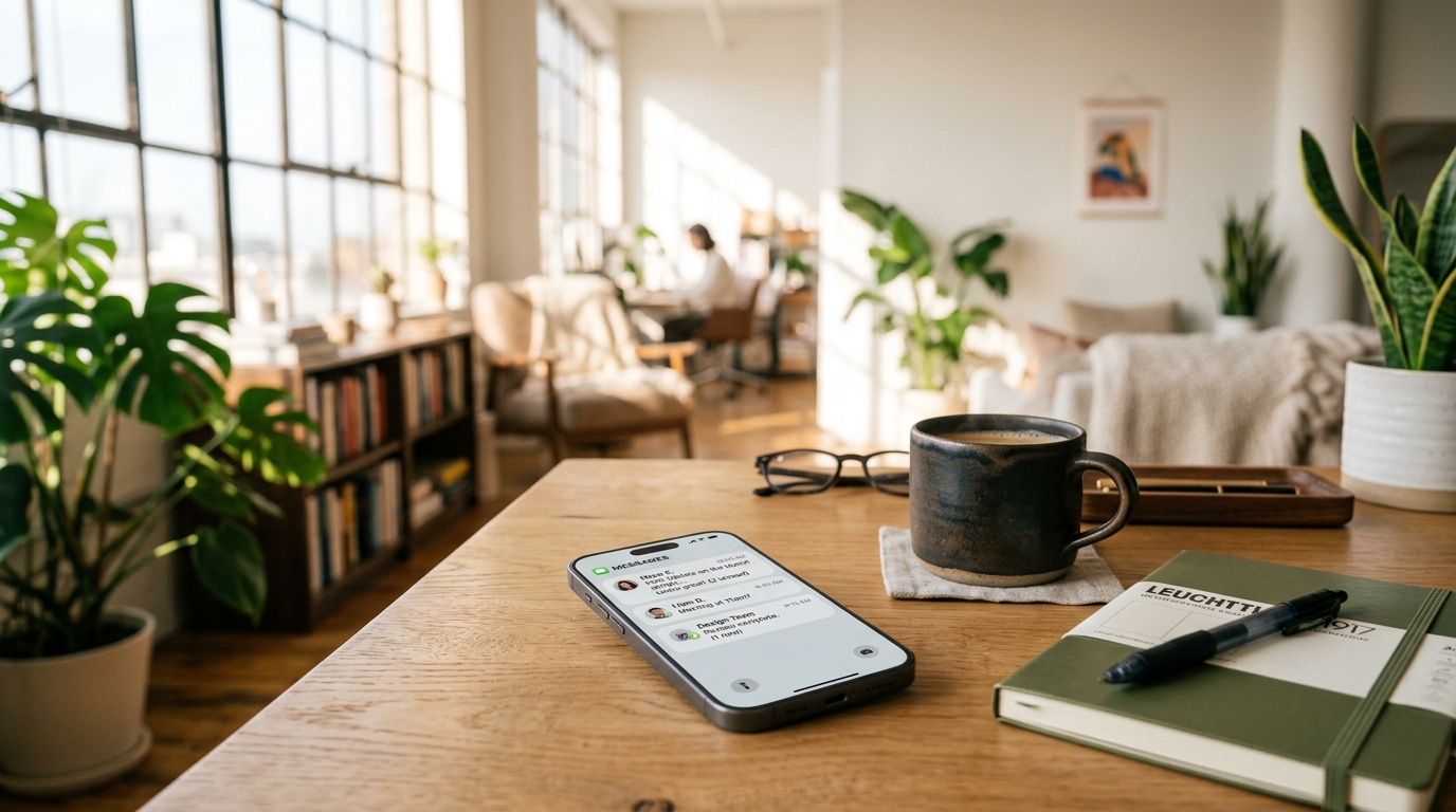 Minimalist creator workspace with smartphone showing incoming Instagram message notifications on an oak desk