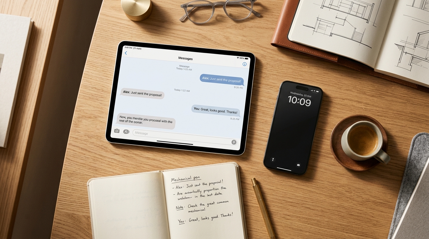 Top-down flat-lay photography of an organized creator desk with tablet and phone managing message workflows