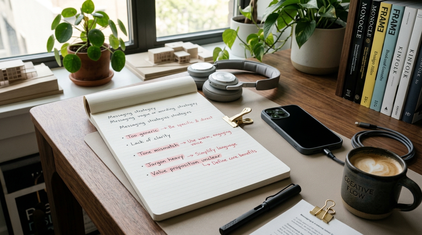 Overhead view of a digital strategist reviewing campaign conversion metrics and audit checklists on a laptop