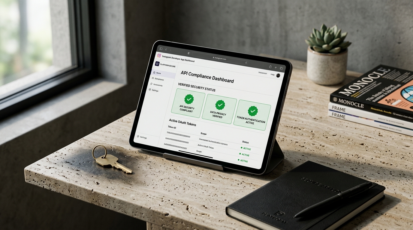 Architectural security concept visual showing encrypted tokens, digital locks, and verified platform connections