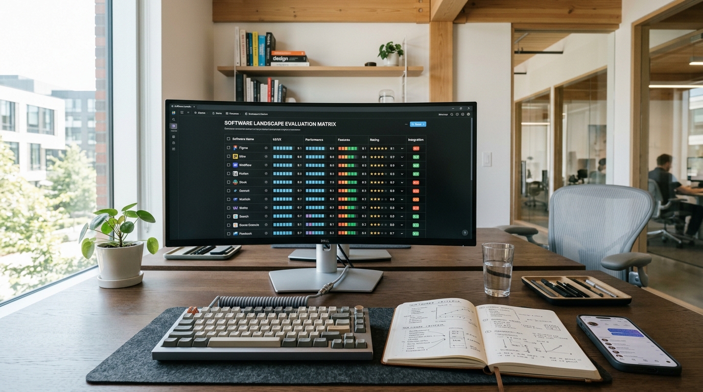 Comparative technology dashboard displaying software evaluation metrics, performance charts, and mobile UI previews