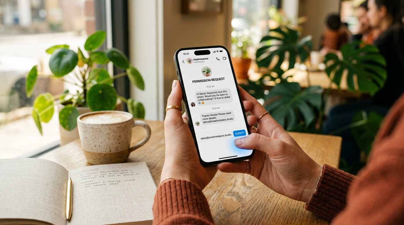 Smartphone displaying an elegant Instagram Direct conversational email capture prompt with instant confirmation message