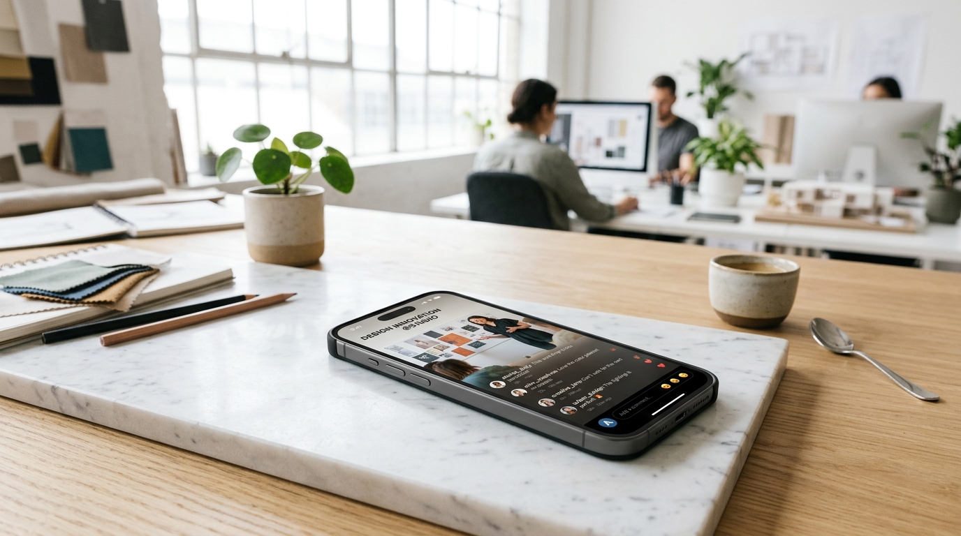 High-key modern design studio desk with smartphone displaying public social comments and private delivery threads
