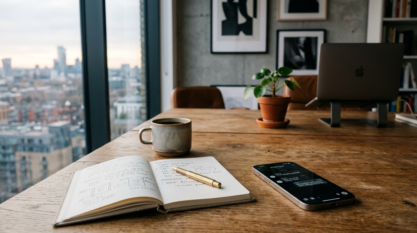 RelayDM editorial photography showing an intentional comment-to-DM messaging workflow on a wooden studio desk