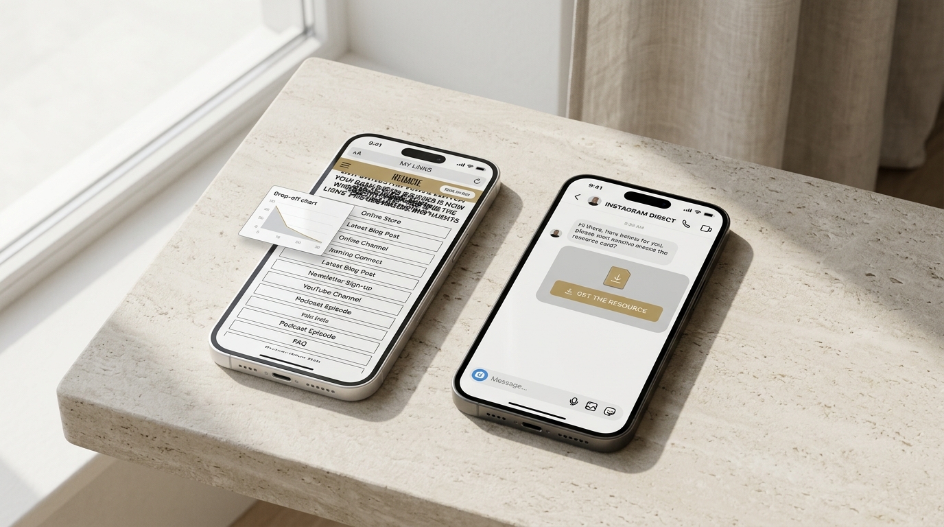 Split-screen visualization contrasting a cluttered multi-link bio tree with an elegant, focused native Instagram Direct delivery card