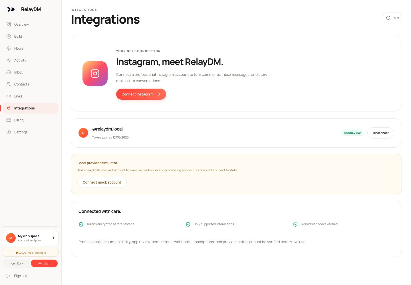 Actual RelayDM V2 Instagram connection screen, showing the labelled local mock workspace