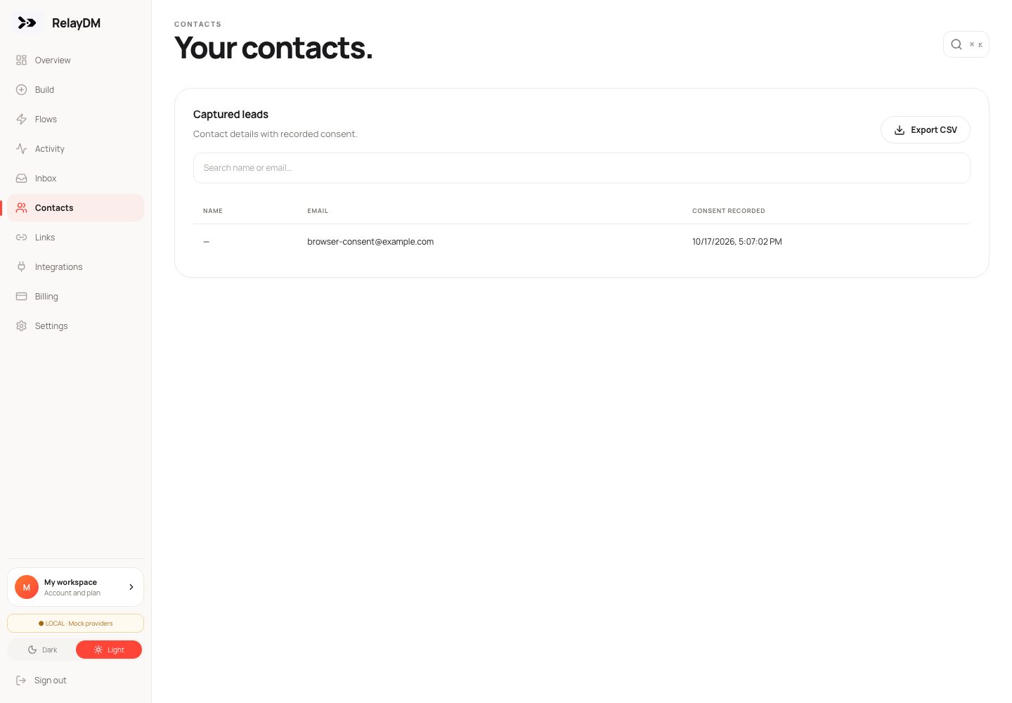 Actual RelayDM V2 Leads screen, showing the labelled local mock workspace